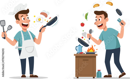 Happy man cooking delicious food in kitchen, cheerful chef preparing meal with ingredients, frying pan and vegetables flying