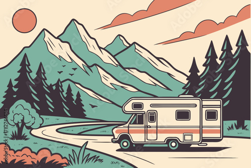 “RV road trip with scenic backdrop, retro travel vector”