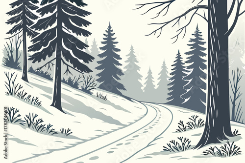 “Snowshoe trail in alpine forest, winter vector”