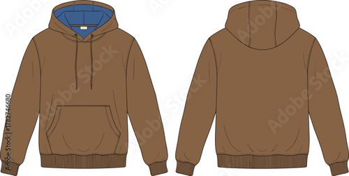 Brown hoodie front and back view, blue hood lining, kangaroo pocket, ribbed cuffs, casual sweatshirt, cad drawing flat vector illustration