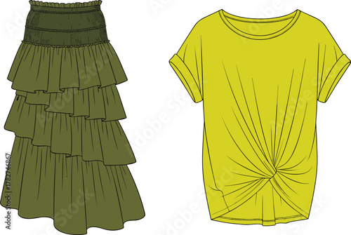 cad drawing flat vector illustration, fashion sketch of tiered skirt and knotted t-shirt, casual outfit, apparel design, clothing template