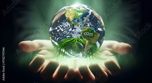 Transparent Earth with Roots in Hands and CO₂ to O₂ Bubbles