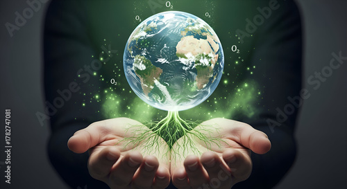 Transparent Earth with Roots in Hands and CO₂ to O₂ Bubbles