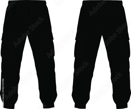 Cargo pants technical sketch, front and back view, fashion flat drawing, elastic waist, cad drawing flat vector illustration**