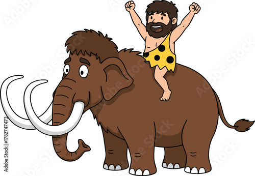 Cartoon woolly mammoth, caveman riding animal, prehistoric funny character, ancient human illustration, playful children design, cad drawing flat vector illustration