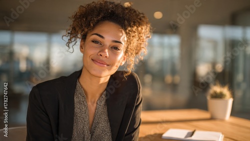 Fototapeta Naklejka Na Ścianę i Meble -  Smiling woman with curly hair and blazer sitting at a table in a bright modern space inside