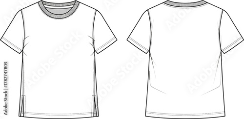 Basic short sleeve T‑shirt technical flat sketch, front and back view, crew neckline, apparel fashion design illustration vector clothing template