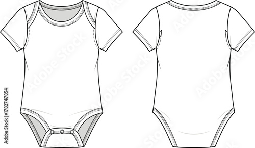 Baby onesie flat sketch, front and back view, short sleeve infant bodysuit design, fashion technical drawing, apparel vector illustration, clothing template