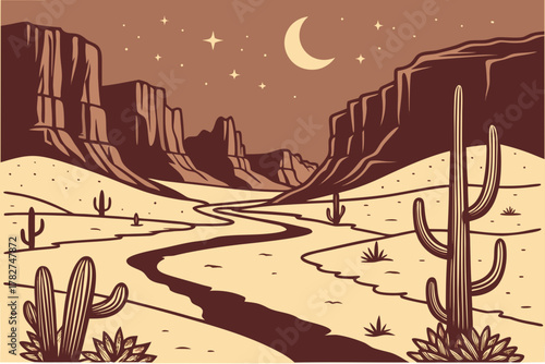 “Roam free with desert and canyon silhouettes, bold vector”