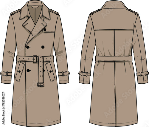 Classic trench coat flat sketch, front and back view, double-breasted fashion illustration, belted waist, wide lapels, shoulder epaulets, storm flap, cuff straps, apparel design vector