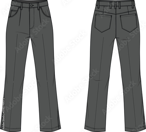 Dark pants front and back view, straight leg trousers, classic design, fashion apparel, clothing illustration, tailored style, stock image, garment detail