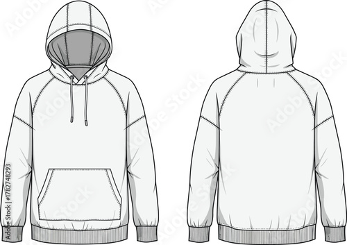 Hooded sweatshirt flat sketch, technical fashion illustration, front and back view, kangaroo pocket, drawstring hood, ribbed cuffs, apparel design vector