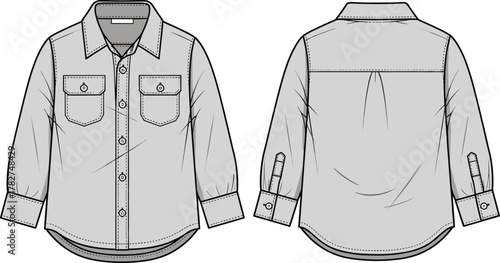 Long sleeve button up shirt flat sketch, front and back technical fashion drawing, apparel design template, clothing construction illustration, garment CAD