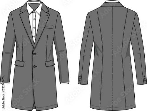 Men’s formal overcoat front and back technical fashion flat sketch, notched lapel, button closure, welt pocket, tailored apparel design illustration