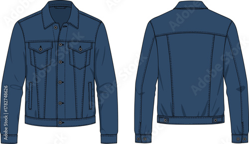 Men’s denim jacket technical flat sketch, front and back view, button closure, chest pockets, side pockets, stitching details, garment illustration