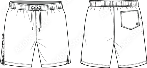 Men’s shorts technical flat sketch, elastic waistband with drawstring, faux fly, side slits, back patch pocket, fashion apparel illustration