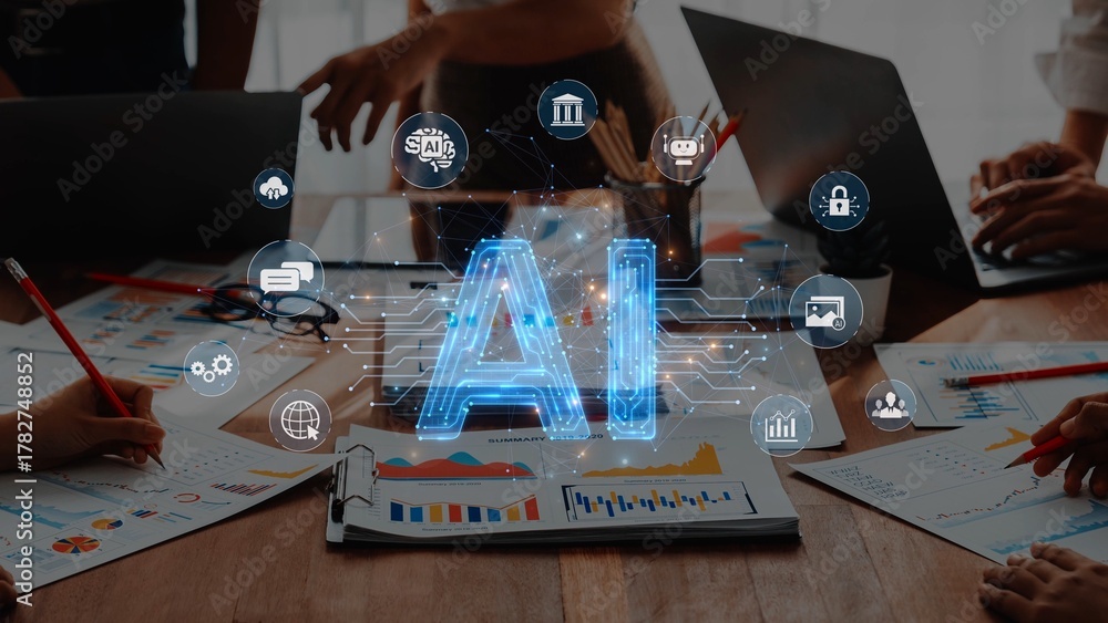 Naklejka premium A dynamic office scene featuring professionals brainstorming on artificial intelligence while showcasing data analysis and innovative technology concepts on a conference table. Raster