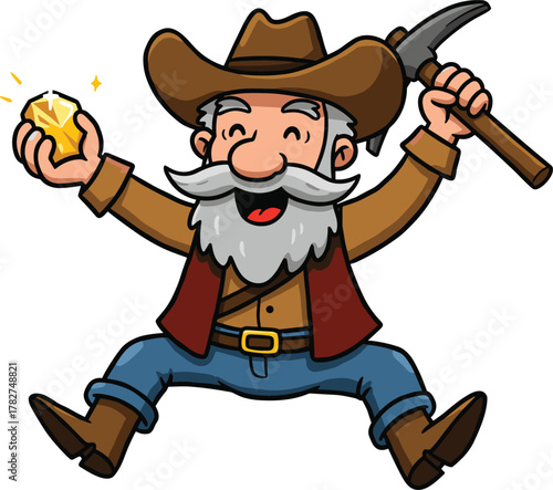 Cheerful old prospector cartoon character holding gold nugget and pickaxe, vintage miner mascot illustration, western adventure concept, cad drawing flat vector illustration