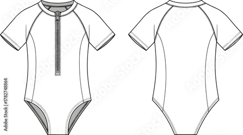 Short sleeve bodysuit flat sketch, front and back view, raglan sleeve fashion design, zipper closure apparel template, technical garment illustration vector