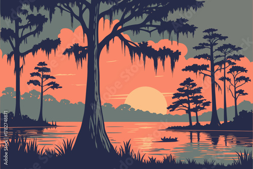 “Lake Martin with cypress trees and sunset, moody vector”