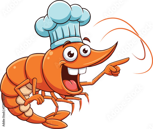 Chef shrimp cartoon vector illustration, funny seafood restaurant mascot, anthropomorphic prawn with hat, cute crustacean cooking design, cad drawing flat vector illustration