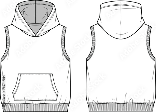 Sleeveless hoodie flat sketch, front and back view, technical fashion illustration, apparel design template, ribbed trim, kangaroo pocket, hooded top