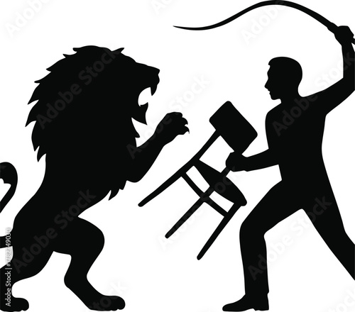 A dramatic silhouette captures a man bravely confronting a powerful roaring lion, symbolizing courage, struggle, and human dominance over nature