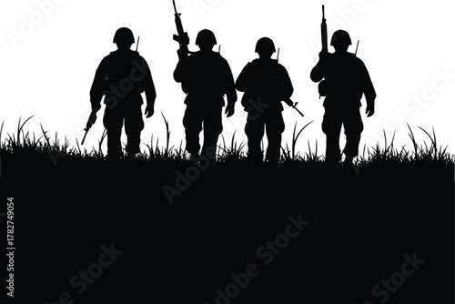 Silhouette of Armed Soldiers in the Field, Military Force