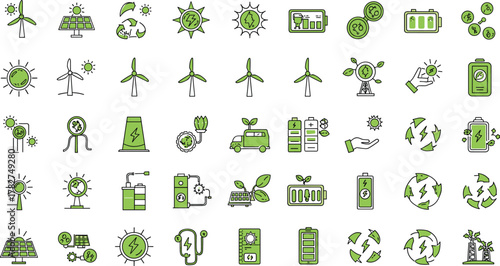 Renewable energy icons, solar panel, wind turbine, eco battery, sustainability, green power, environment, clean energy, electric vehicle