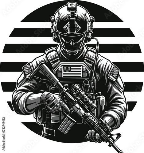 Vector illustration of a fully equipped tactical soldier with a modern assault rifle against a striped circular background showcasing strength and vigilance