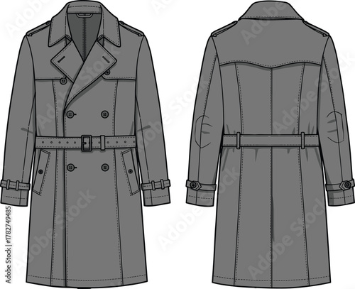 Trench coat flat sketch, front and back view, double-breasted fashion illustration, belted waist, wide lapels, storm flap, cuff straps, apparel design vector