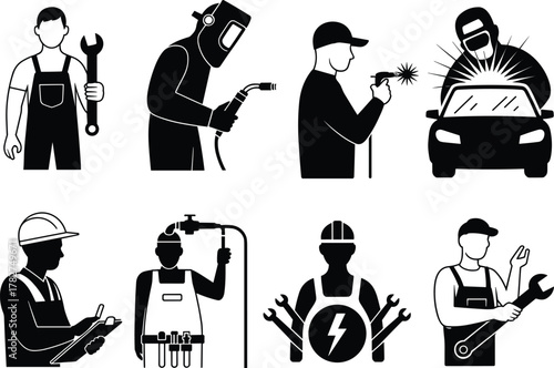 Silhouette illustration of industrial workers, engineers, mechanics, welders, and electricians performing various technical repair maintenance tasks and engineering jobs