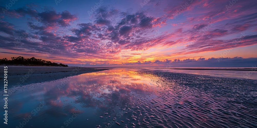 Fototapeta premium Wide-angle shot of a deserted beach at sunrise, shallow water perfectly mirroring the vibrant colors of the sky, leading lines of small ripples on the sand, peaceful soli