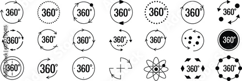 360 degree icons, rotation symbols, panoramic view, virtual tour graphics, circular arrows, orbit design, motion UI, interactive elements, product spin, immersive experience, web interface