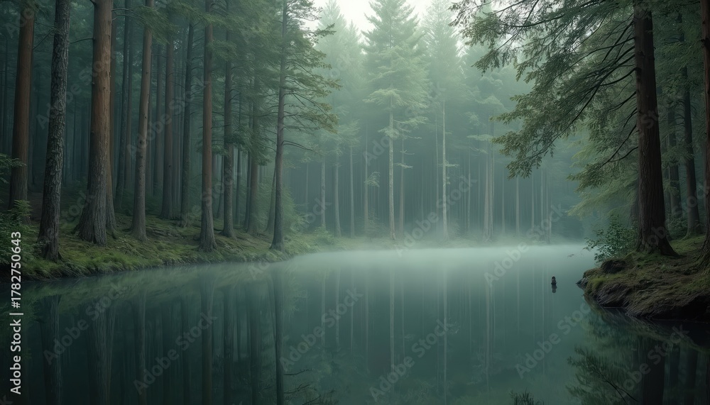 Obraz premium Misty forest lake reflects tall evergreen trees. Calm water surface mirrors deep woods, green foliage. Fog creates serene, mysterious mood. Woodland scene feels peaceful, tranquil at dawn light. Moss