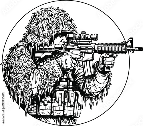 Elite Soldier in Camouflage Gear Aiming Rifle with Scope