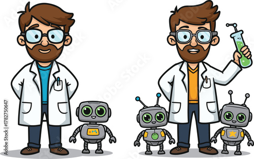 Smiling scientist man with cute robots, cartoon researcher holding test tube, artificial intelligence and innovation technology concept illustration