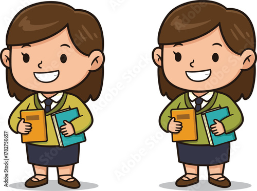 Smiling cartoon schoolgirl holding books, cute student character illustration, education concept, learning, study, classroom, academic vector art design