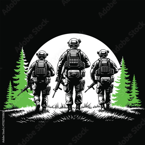 Military team walking into the moonlit forest, showcasing courage and unity