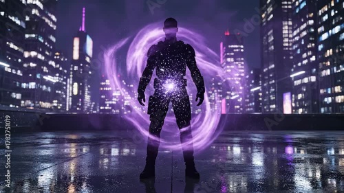 Digital Avatar Materializing with Purple Energy in a Futuristic City at Night.