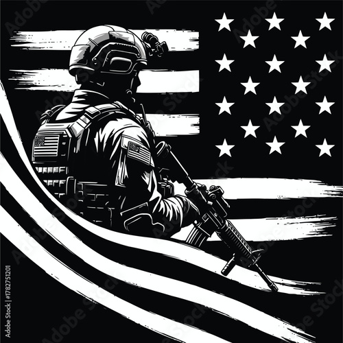 Patriotic depiction of a soldier in the context of the American flag