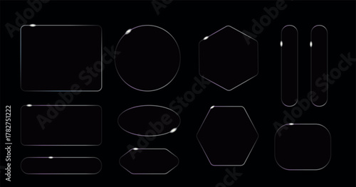 Light frame liquid glass, glass panel set for mobile and web app, tech board frame in futuristic style. HUD element interface, vector illustration. 