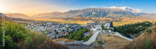 The old castle and fortress of Gjirokaster or Gjirokastra in Southern Albania. Old town is a UNESCO World Heritage Site. Closeup of Architectural Buildings.