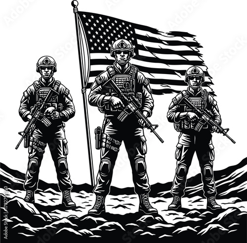 Valiant military personnel in uniform stand united before the American flag, symbolizing national pride and unwavering dedication