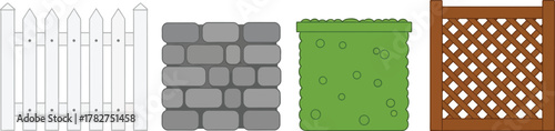 Fencing and Border Icons Picket Fence, Stone Wall, Hedge, Lattice Panel