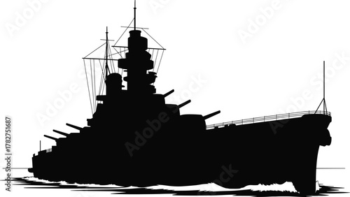 Battleship silhouette, warship vector, naval military design, sea vessel, frontal view, radar tower, gun turrets, ocean waves, defense ship, maritime illustration