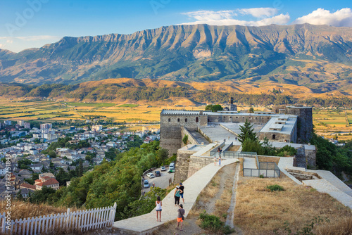 The old castle and fortress of Gjirokaster or Gjirokastra in Southern Albania. Old town is a UNESCO World Heritage Site. Closeup of Architectural Buildings.