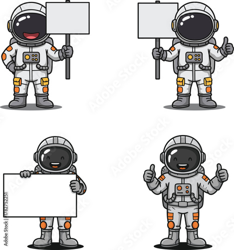 Cartoon astronauts in space suits holding blank signs, space exploration characters illustration, science team, cosmic adventure, educational concept, promotional design, advertising