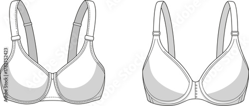 Bra technical illustration, lingerie design, front clasp, support structure, comfort fit, vector outline, fashion sketch, garment detail, adjustable closure, seamless style