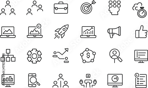 Business icons, technology symbols, communication tools, vector set, black and white, minimal design, analytics, teamwork, strategy, innovation, startup, marketing, mobile search, data 